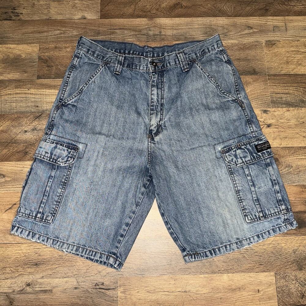 Wrangler‎ Shorts Mens Blue Denim Cargo Carpenter Utility Distressed Workwear